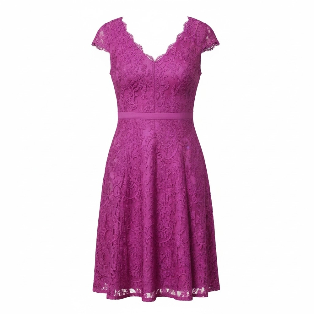 ADRIANNA PAPELL |‎ Magenta Pink Unconventional Lace Cap Sleeve Midi Dress | 6